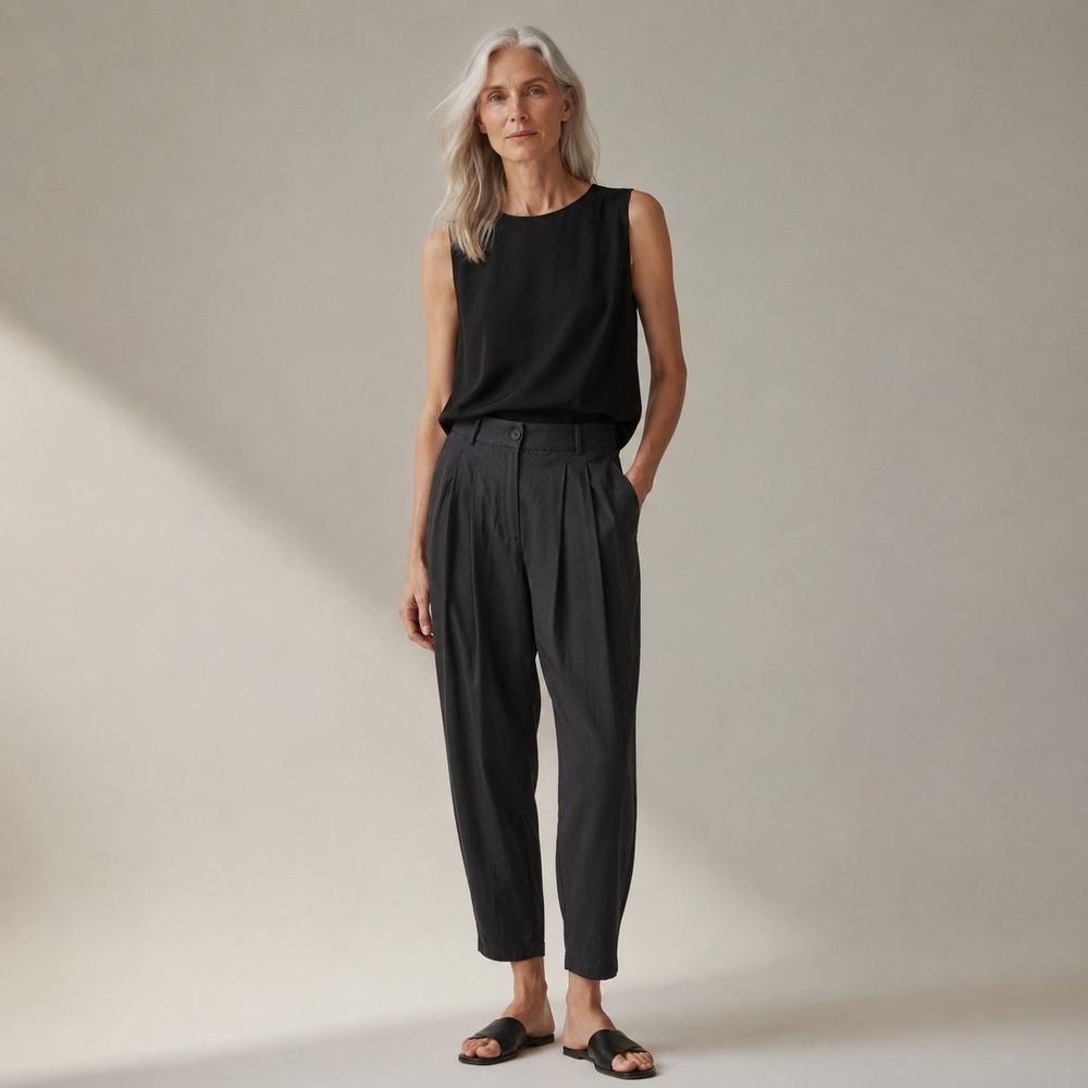 Eileen Fisher Silk Crepe Pleated Tapered Carrot Pants Sz S Black